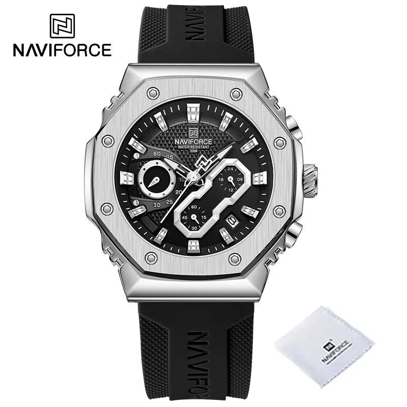 NAVIFORCE Masculino pulseira de silicone cronógrafo preto prateado 